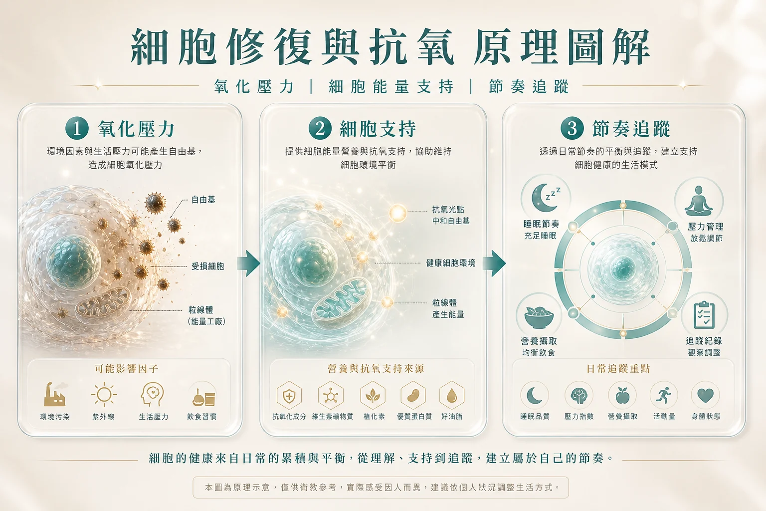 細胞修復與抗氧原理圖