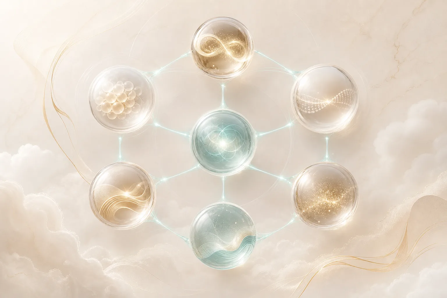 七個玻璃能量球彼此連結的七大代謝美學系統概念圖